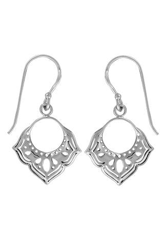 Boma Sterling Silver Dangle Earring on a large circular cut out bordered with  three floral patterned designs at the bottom with cutouts. Earring is on a French wire.