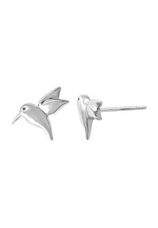 Boma sterling silver stud earrings of the side profile of a full Hummingbird extending it's wings behind it.