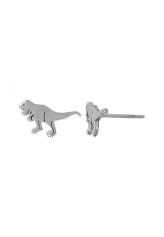 Boma stud earrings of the side profile of a t-rex dinosaur with tail out