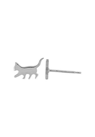Silver Boma stud earring of side profile of cat walking with front leg extending forward and tail up.