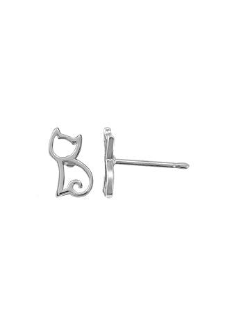 Silver stud earring of sitting cat side profile outline