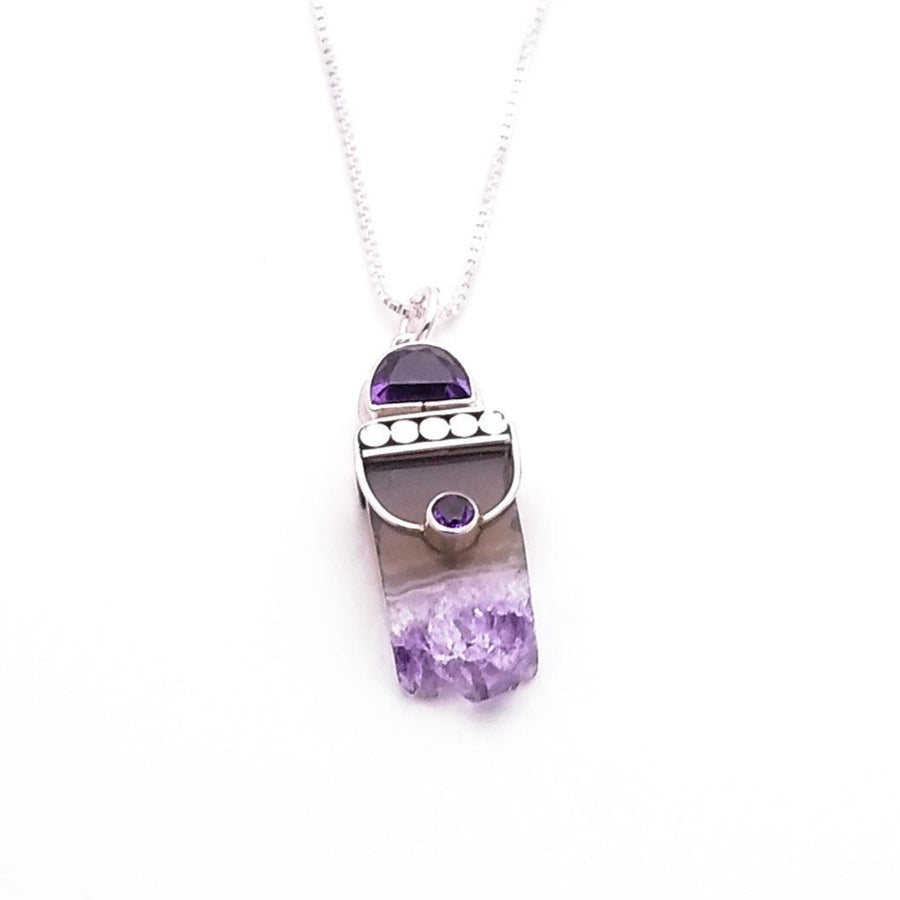 Urban Sterling Silver - 925 Sterling Silver Amethyst geode chunk pendant necklace with small round amethyst in middle, and a half moon amethyst on top - overall Bali design