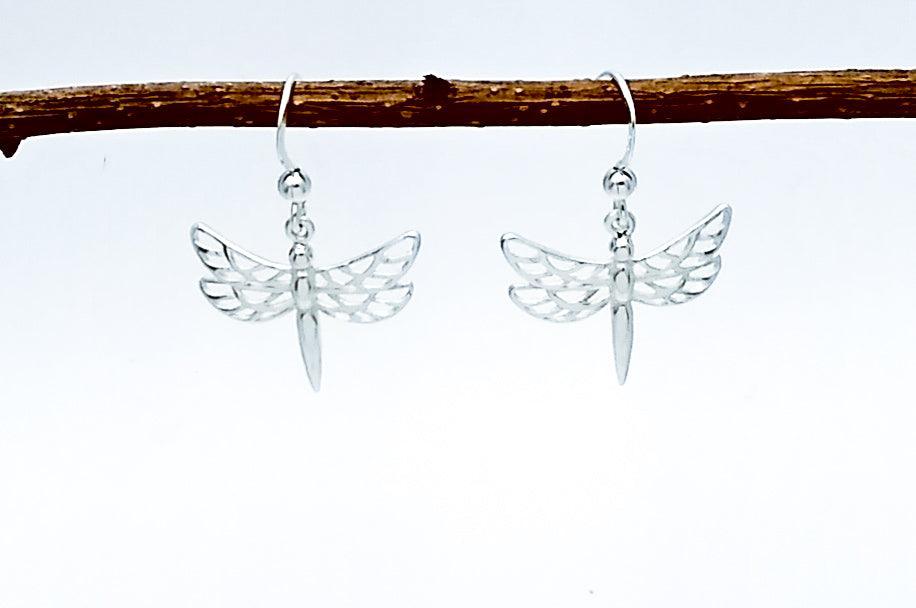 Sterling silver drop earring of a dragonfly 