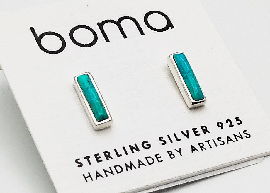 Boma sterling silver bar studs with inlaid blue Turquoise on a simple sterling setting.