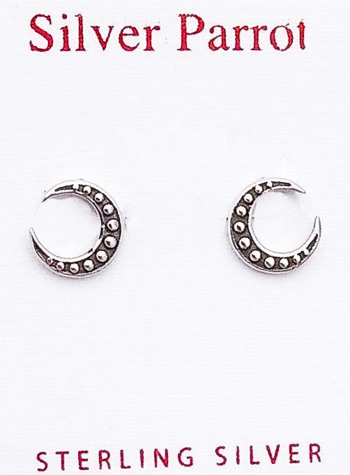 Sterling silver crescent moon studs with eleven silver balls inlaid in the middle