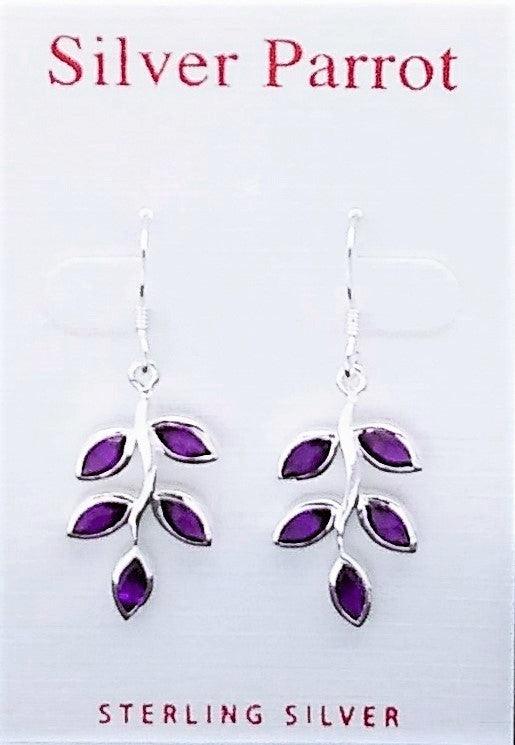Sterling silver leaf earrings on a French wire. Five amethyst leaves extend from the center silver branch