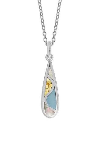Boma Mother of Pearl, yellow fractured squares of mother of pearl, and blue mother of pearl inlaid in a sterling teardrop pendant. Includes 18-inch sterling box chain.