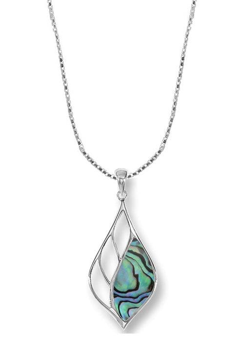 leaf shape pendant with three cutouts on the left and abalone on the right with a bale on the top.