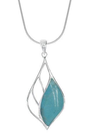 teardrop leaf shaped sterling pendant with three cutouts on the left and blue turquoise on the right with a bale on the top.