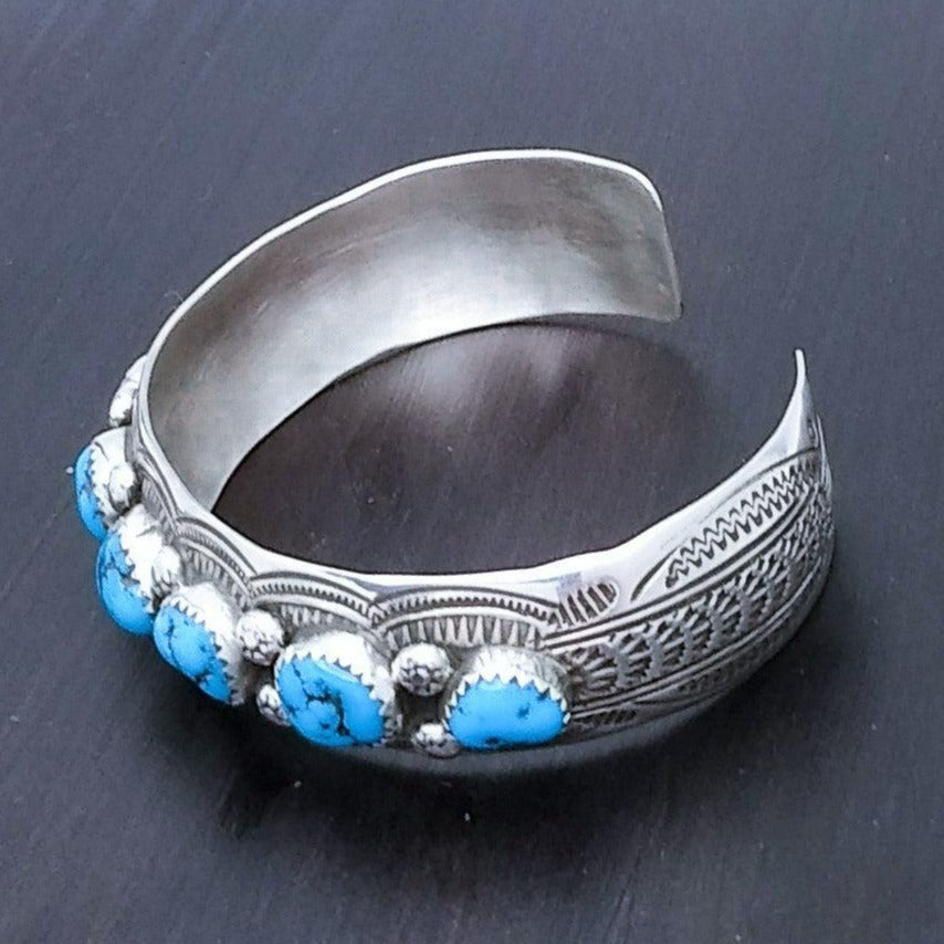 Navajo Sterling Cuff With 7 Turquoise Stones - Silver Parrot, Inc. 