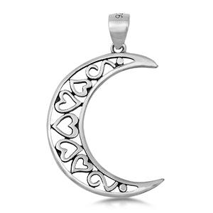 A sterling silver crescent moon with 5 hearts filling it in. Each heart alternates direction.