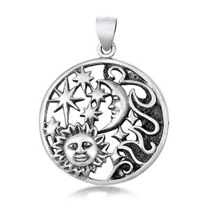 Sterling silver pendant with a small sun at the bottom left corner with a face, surrounded by four eight-point stars at the top, and three four-point stars at the right. In the upper left middle there's a crescent moon with a face, with waves coming out of the side on the right.
