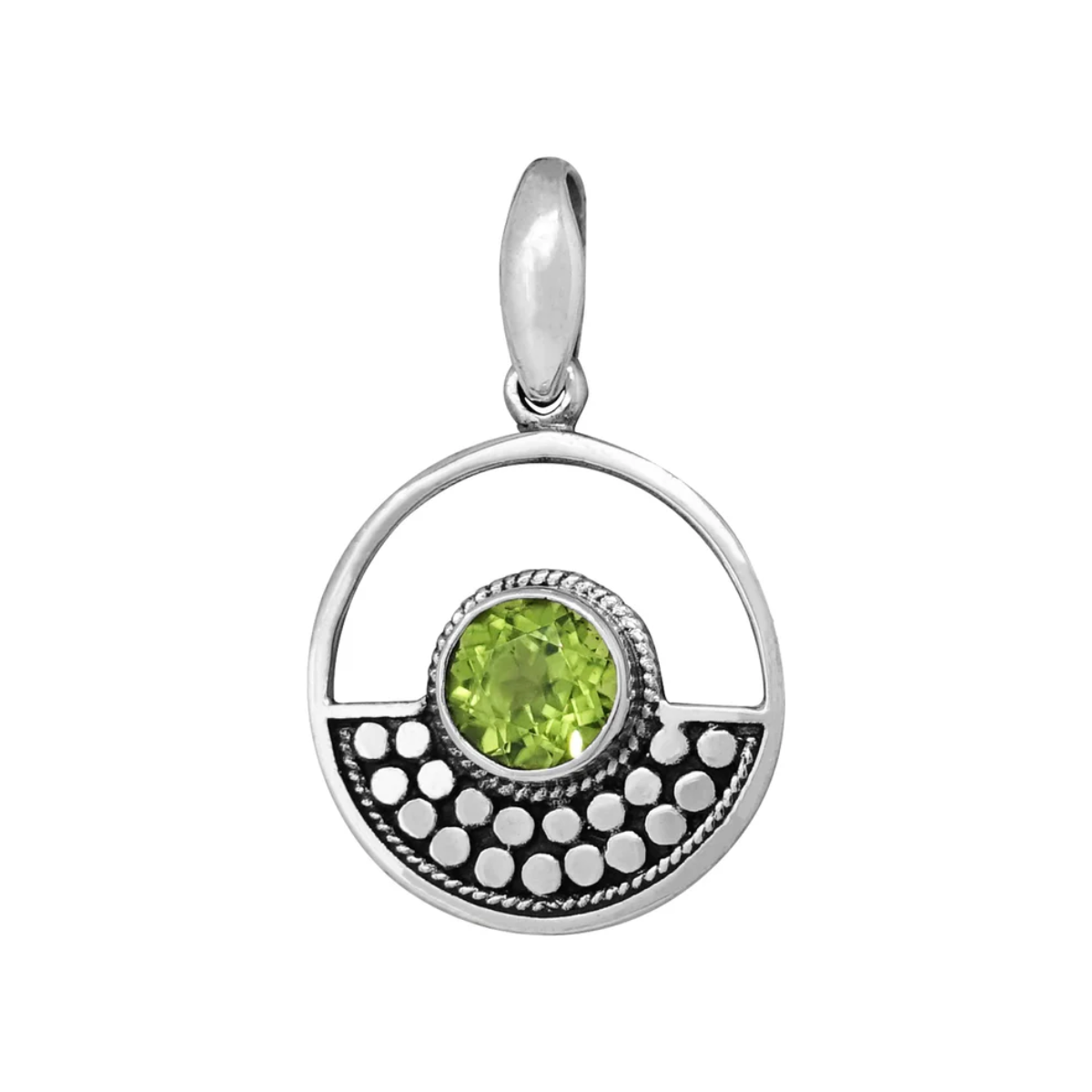 925 Sterling Silver pendant with a peridot inside. Full circle outline with a dotted bali design half circle within. The gemstone is a small circle in the middle of the whole design