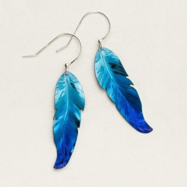 Holly Yashi Petite Free Spirit Feather Earrings - light blue to dark blue gradient feather dangle earrings on a sterling silver ear wire.