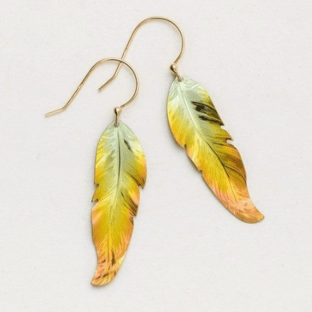 Holly Yashi Petite Free Spirit Feather Earrings - Green to orange gradient dangle feather earrings on a gold-filled ear wire.