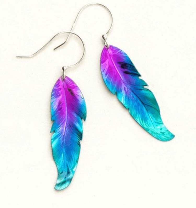 Holly Yashi Petite Free Spirit Feather Earrings - purple to blue dangle feather earring on a sterling silver ear wire.