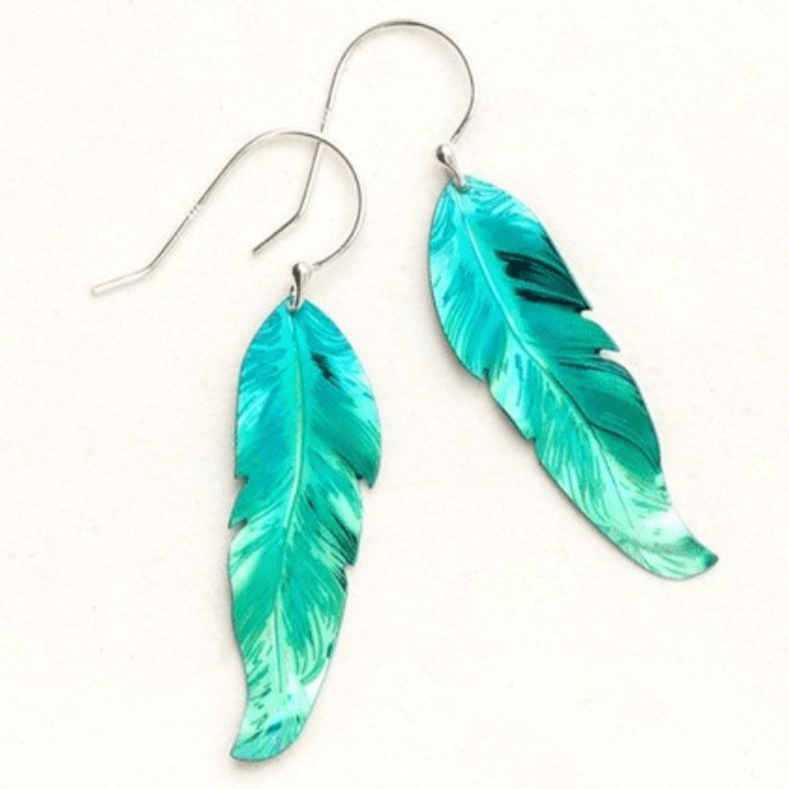 Holly Yashi Petite Free Spirit Feather Earrings - Light blue feather earrings on a sterling silver ear wire
