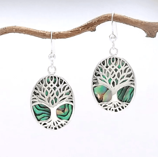 silver tree of life over abalone paua earring
