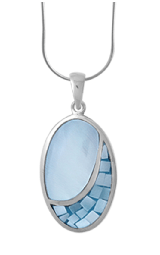 Dyed blue Mother of Pearl separated by a mosaic blue Mother  of Pearl inlaid in a sterling silver ovular pendant with silver bail. Comes with an 18-inch sterling snake chain.