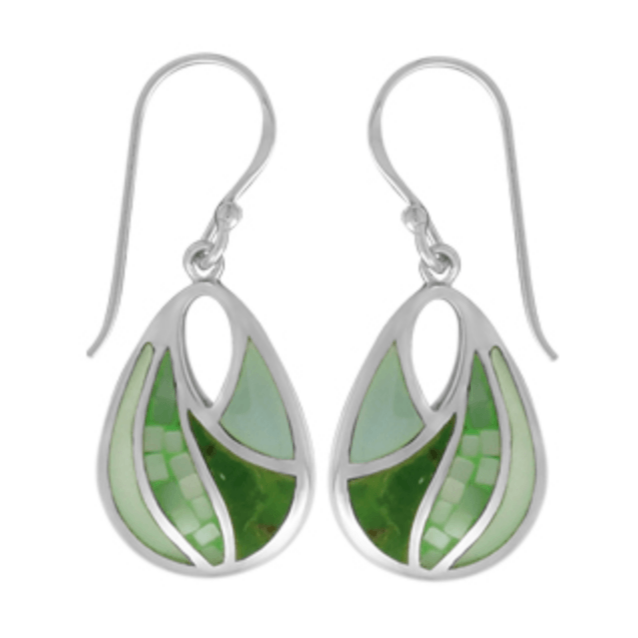 Boma teardrop shaped sterling silver earring with oval cutout at top and green mother of pearl, both fractured squares and whole, and green turquoise inlaid.