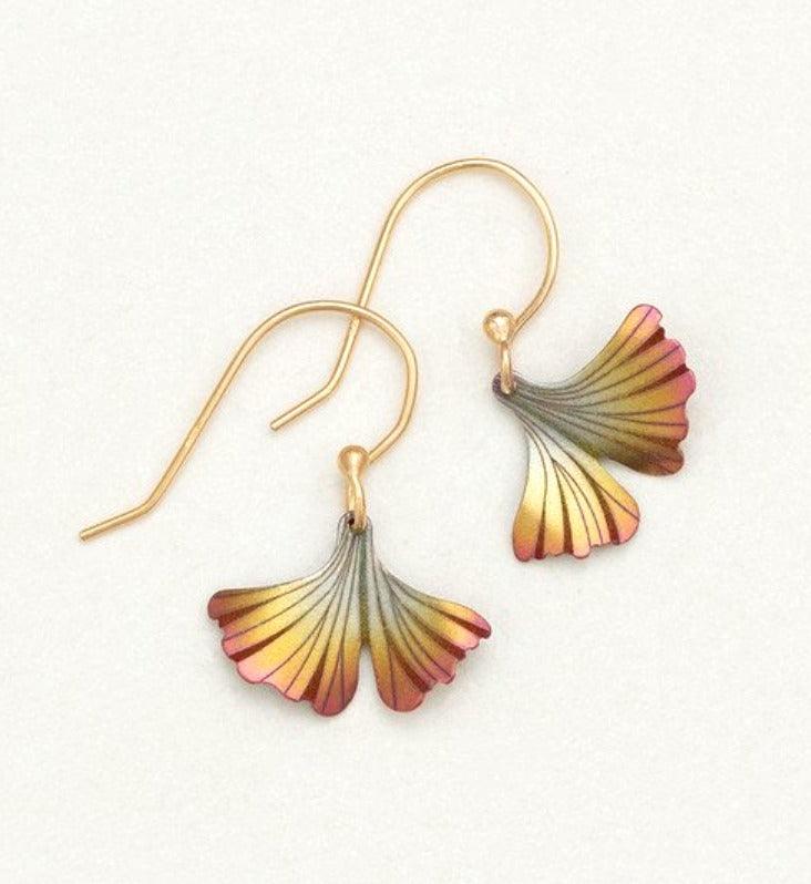 Green to yellow to red color gradient grinkgo leaves on a gold-filled ear wire.
