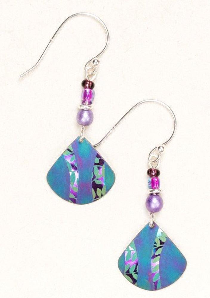 Niobium Blue Drop Earring with Leaves and Beads. Triangular blue niobium pendant dangles from the bottom, etched in the metal are floral designs. At the top there are purple and pink beads, dangling on a french wire.