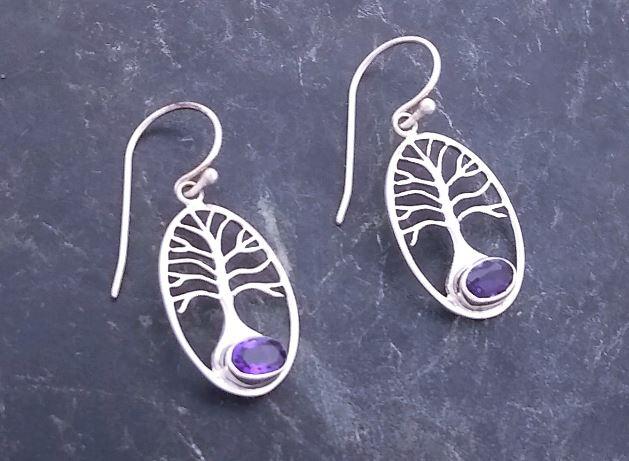 sterling silver tree of life dangle earring with amethyst