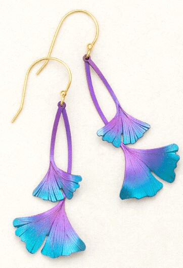 Purple and blue Niobium Ginkgo Leaf Long Drop Earring on a gold-filled ear wire.