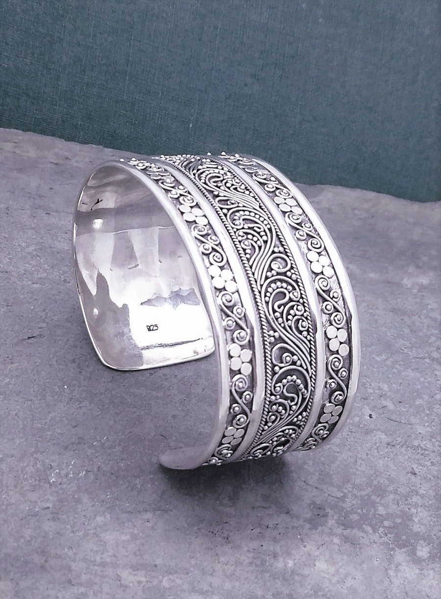 Wide Ornate Bali Sterling Cuff - Silver Parrot, Inc. 