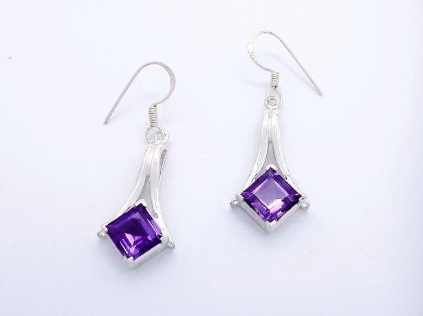 sterling silver dangle earrings with diamond shape amethyst