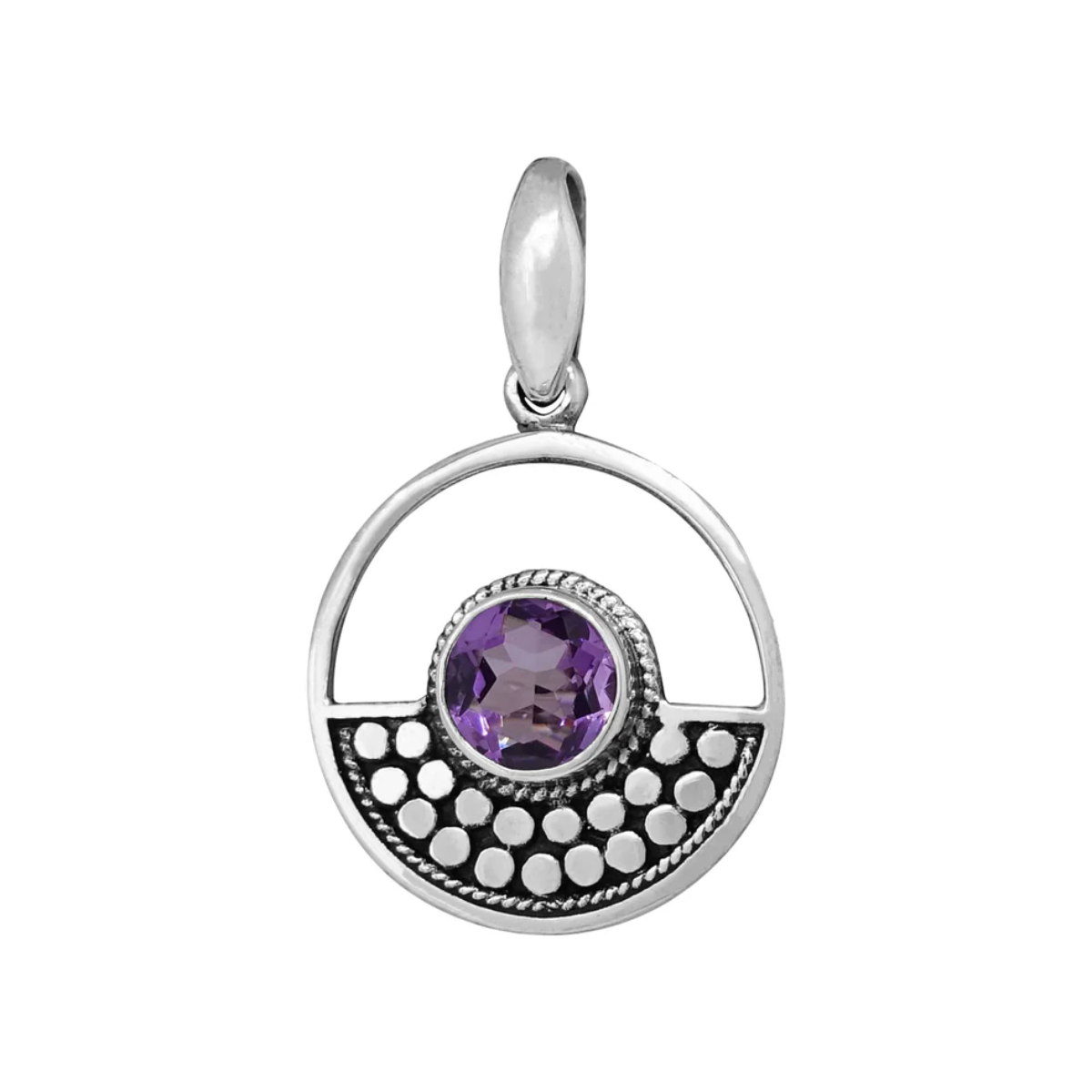 925 Sterling Silver pendant with an amethyst inside. Full circle outline with a dotted bali design half circle within. The gemstone is a small circle in the middle of the whole design