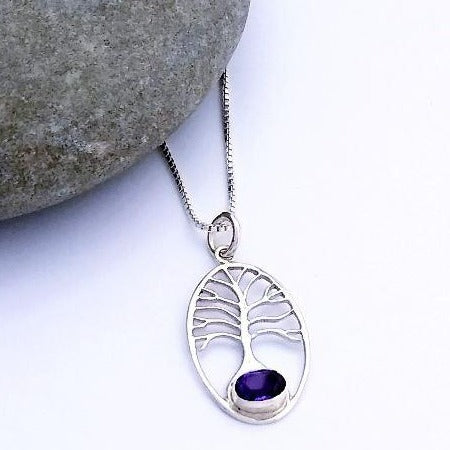 silver tree of life pendant with amethyst
