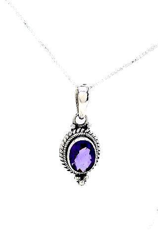 oval amethyst stone set in sterling silver with braiding detail around sides and small spheres at top and bottom. Amethyst is the birthstone for February. Comes on an 18-inch sterling box chain.