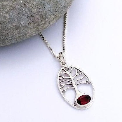 sterling silver tree of life pendant with garnet