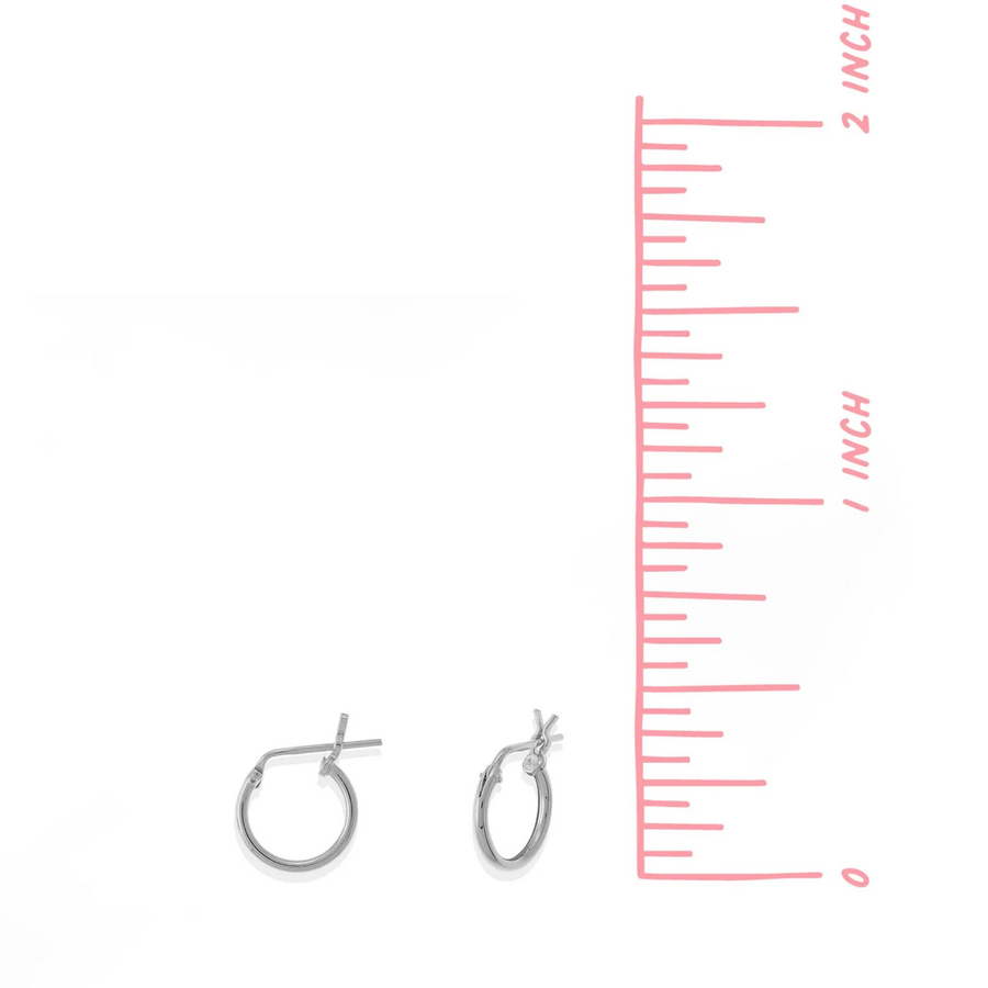 Small silver snap top hoop from both side and front view on white background with measuring tape next to hoops. Hoops measure just under .5 inches. 
