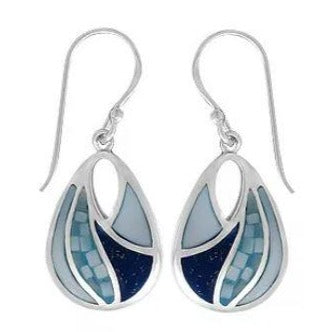 Boma teardrop shaped sterling silver earring with oval cutout at top and blue mother of pearl, both fractured squares and whole, and lapis inlaid.