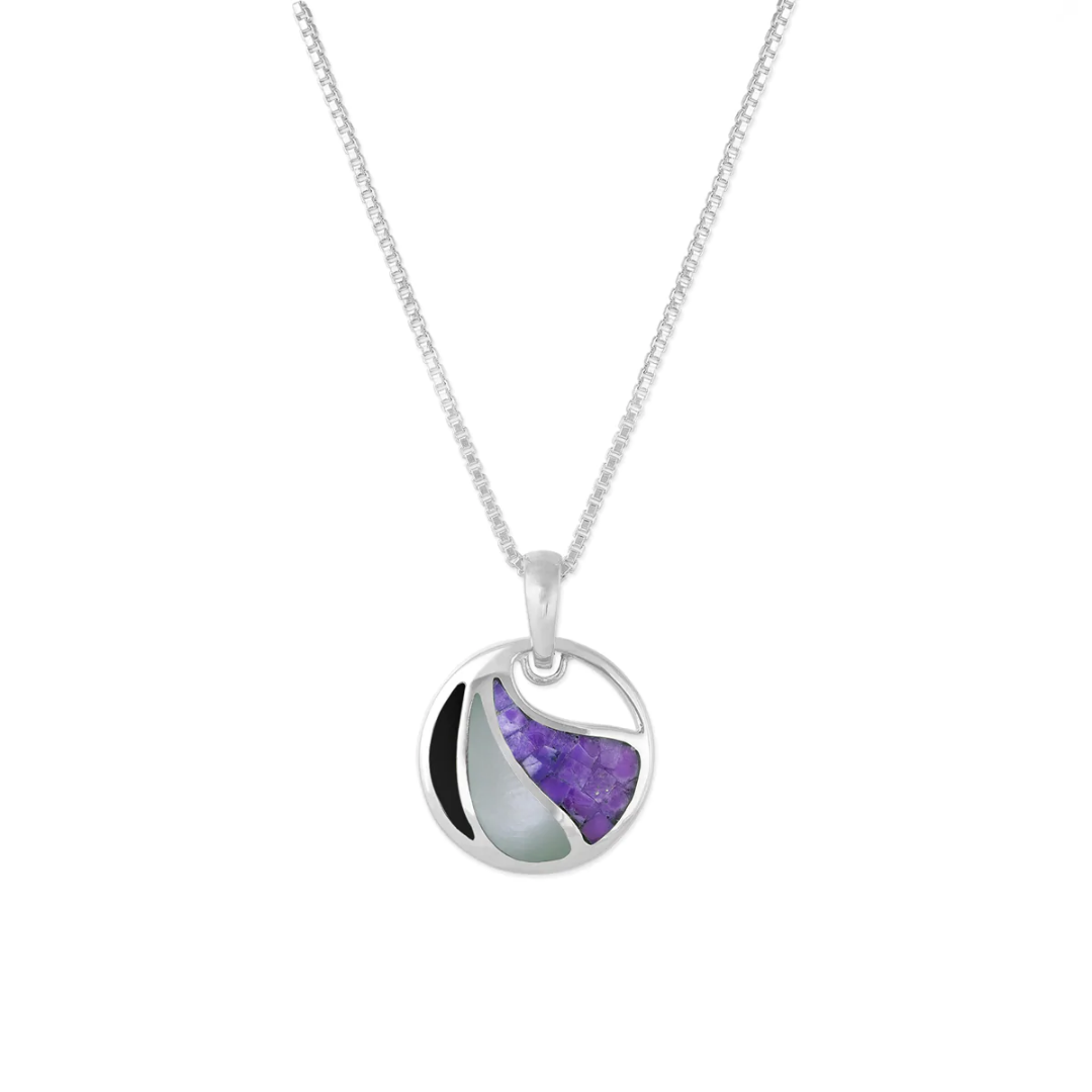 Sterling silver Boma circle with three separated sections of fractured purple Mother of Pearl, gray Mother of Pearl, and Onyx with a cut-out at the top. Comes with 18-inch silver chain.