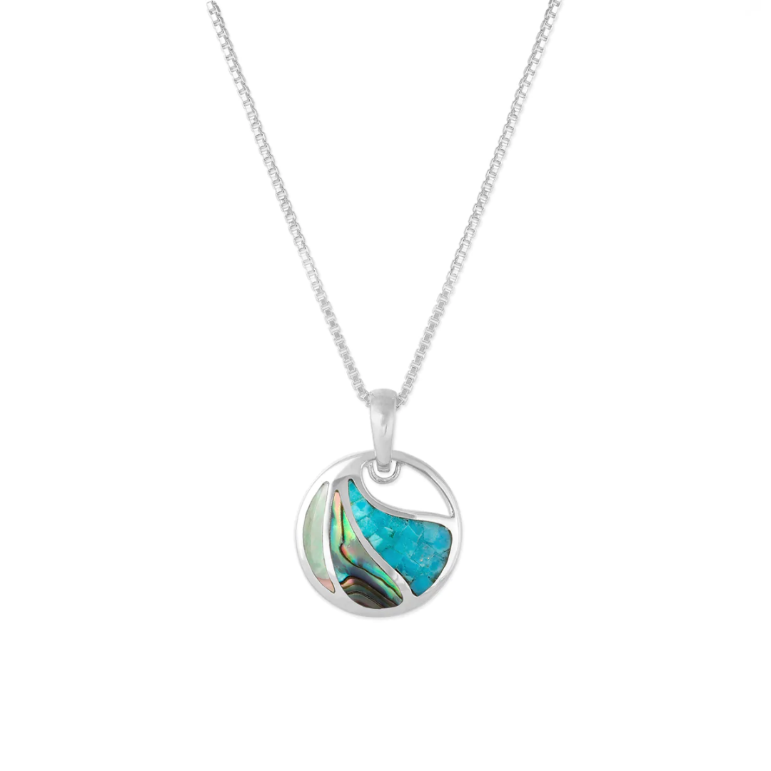 Sterling silver Boma circle with three separated sections of mosaic blue Mother of Pearl and Abalone with a cut-out at the top. Comes with 18-inch silver chain.
