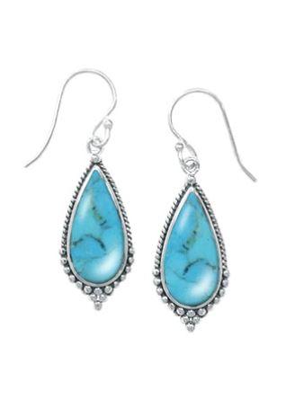 Boma sterling silver teardrop shaped Dangle Earring with Turquoise Stone and small spheres lining the bottom on a French wire.