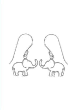 sterling silver drop earring of an outline of an elephant with its trunk up on a French wire.