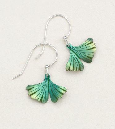 Dark green to light green color gradient grinkgo leaf earrings on a sterling silver ear wire.
