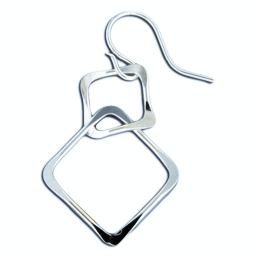 Sterling silver dangle earrings with two connected square designs. Bottom square is larger than the one on top, connected to a sterling wire