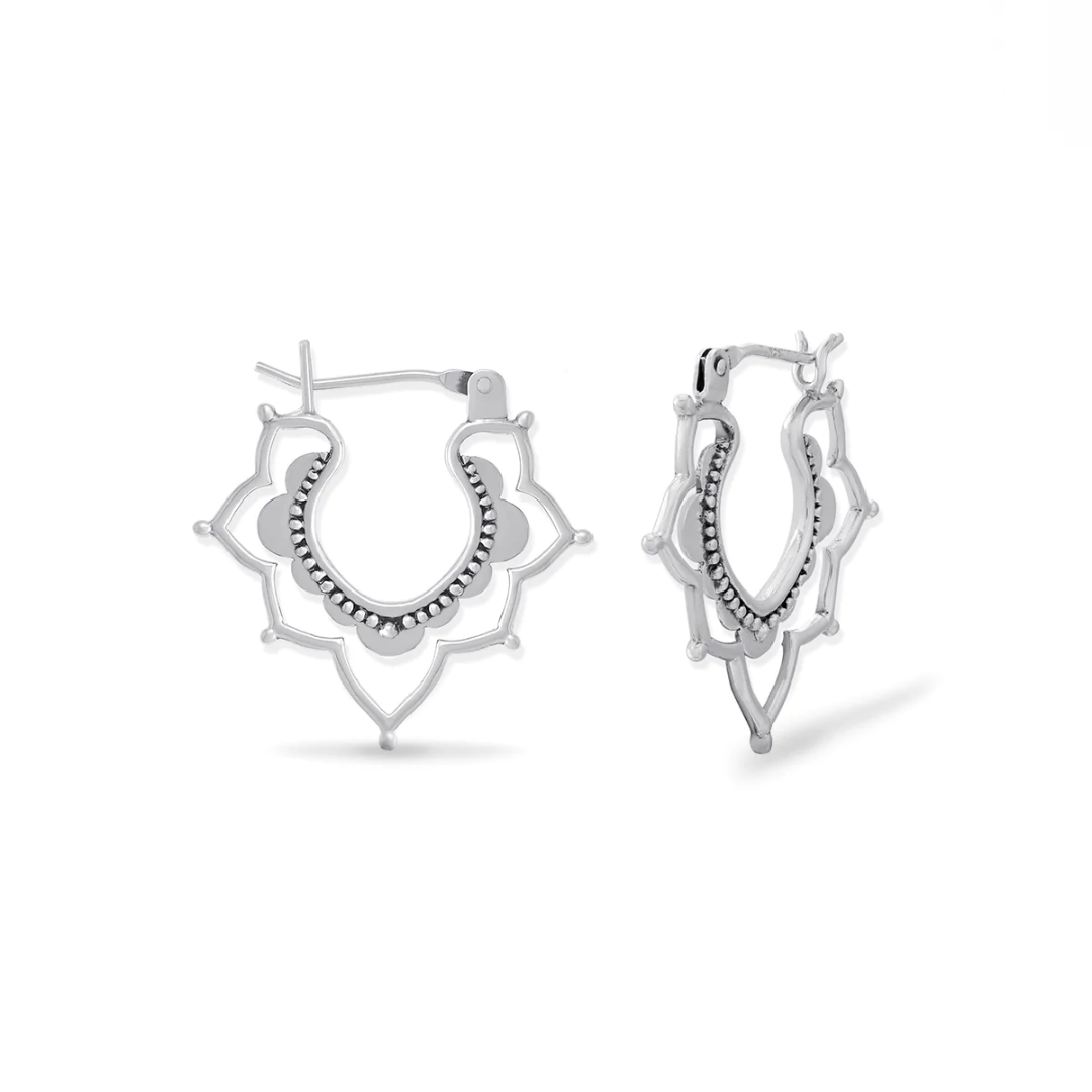 Snap top lotus-shaped silver hoop on white background. Shows both front and side view. 