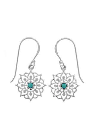 Simple sterling silver floral design with eight pedals with a small circle at the bottom stretching out from a small, blue Turquoise stone sitting in the middle. Floral design is surrounded by a simple geometric curve between each pedal.
