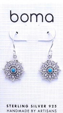 Simple sterling silver floral design with eight pedals with a small circle at the bottom stretching out from a small, blue Turquoise stone sitting in the middle. Floral design is surrounded by a simple geometric curve between each pedal on Boma brand earring card.