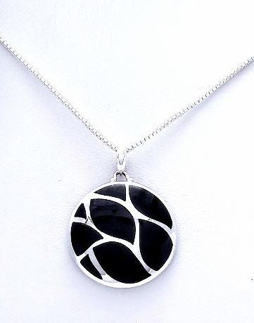 circular silver pendant with 8 pieces of black onyx inlaid. comes with 18-inch sterling box chain.
