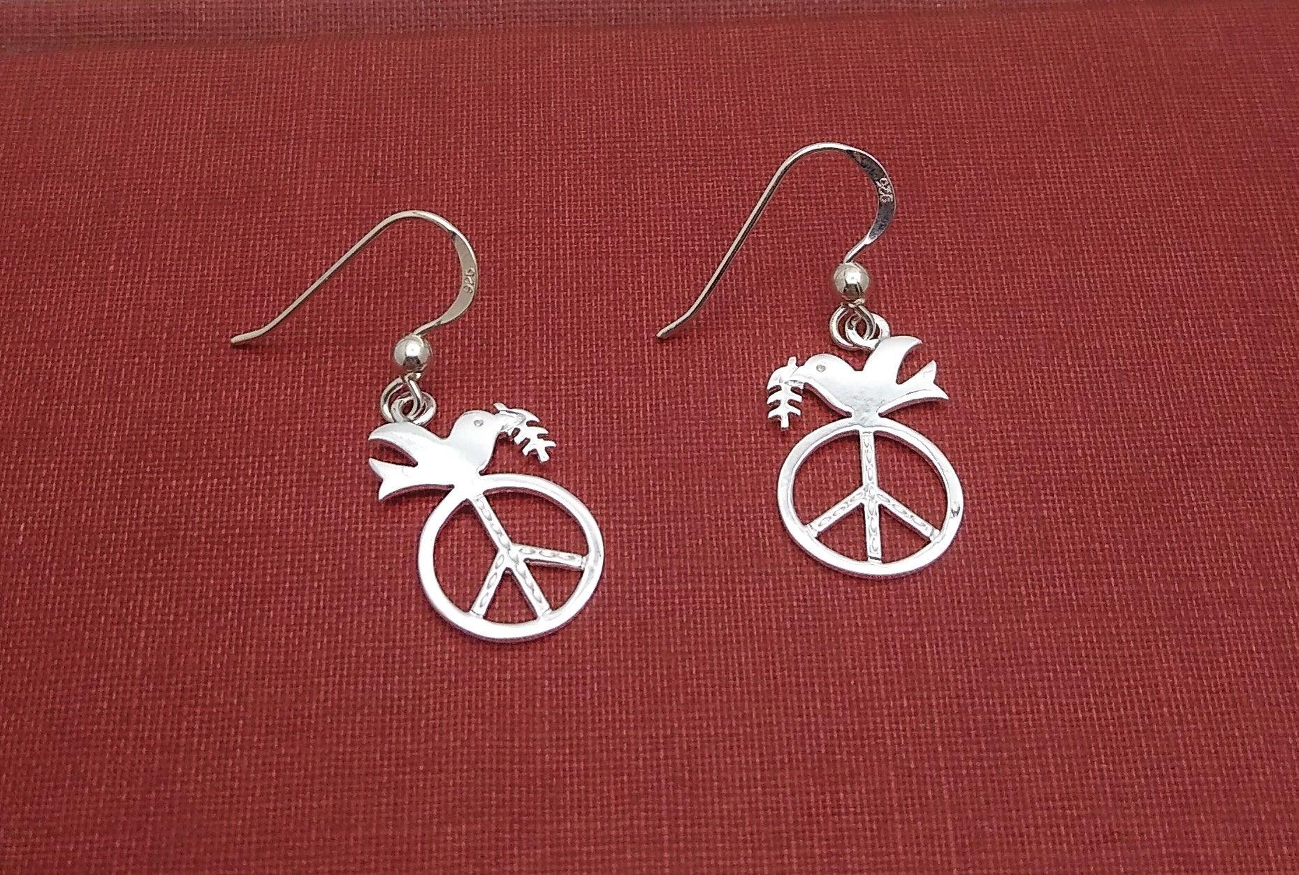 Sterling Silver Peace Sign Earrings With Dove - Silver Parrot, Inc. 