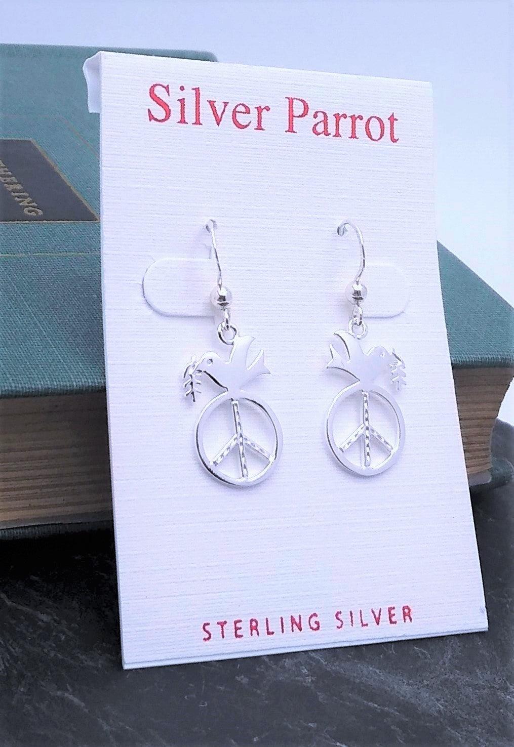 Sterling Silver Peace Sign Earrings With Dove - Silver Parrot, Inc. 