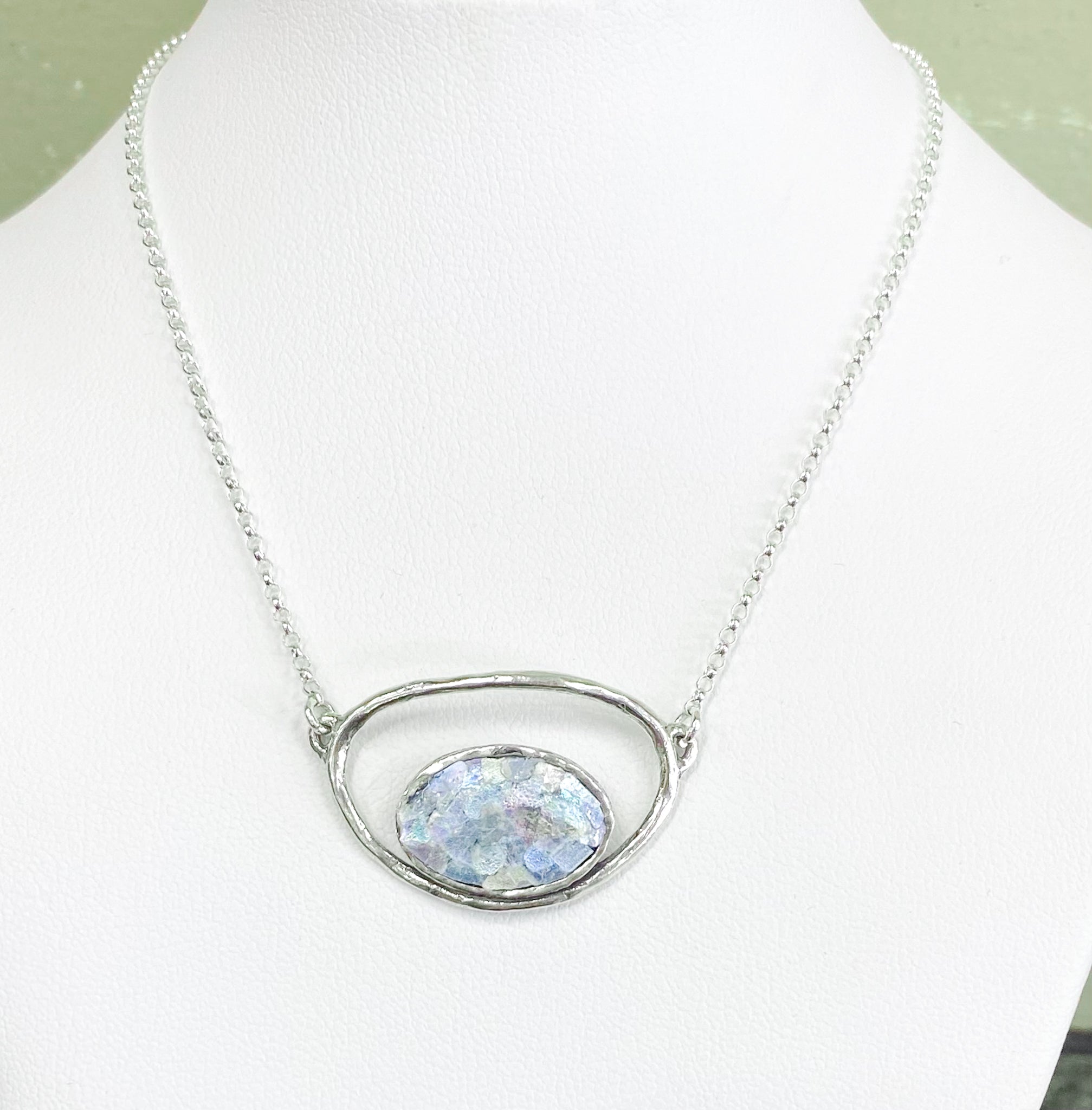 Oval Roman Glass Sterling Silver Necklace
