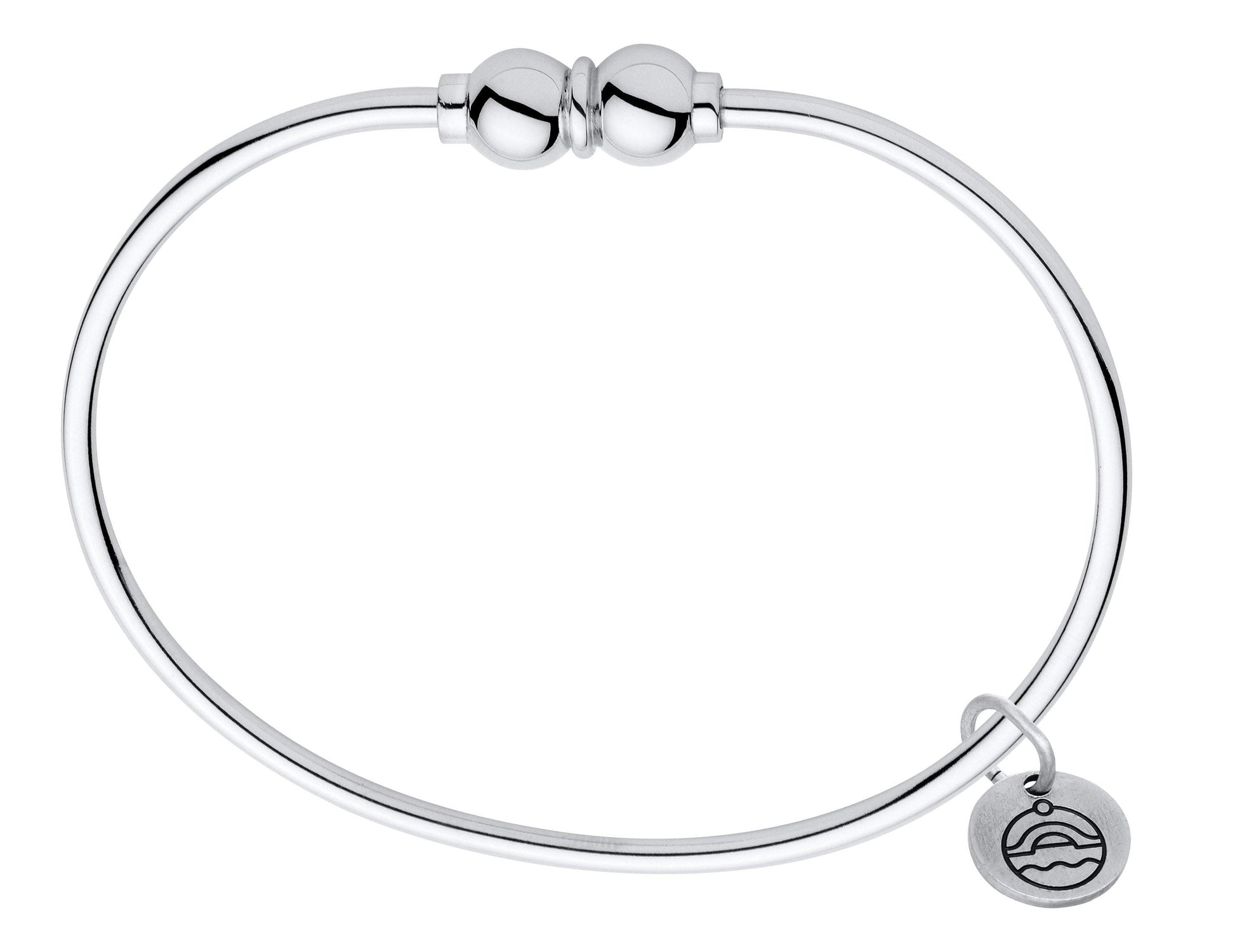 Plain sterling silver Cape Cod bangle bracelet with two twistable silver balls. Comes with an engraving of the Cape Cod jewelry design logo on a silver circle attached to a jump ring.